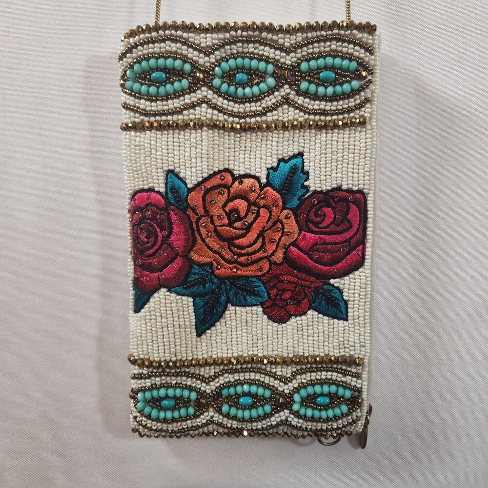 Mary Frances Frida's Flowers Phone Bag Purse Beaded Embroidered Floral